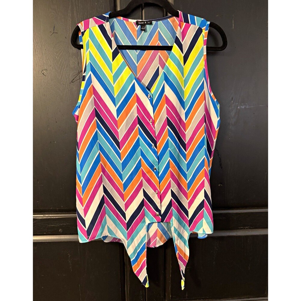 Sami & Jo Multicolor Chevron Woven V-Neck Sleeveless Button Blouse Women's L